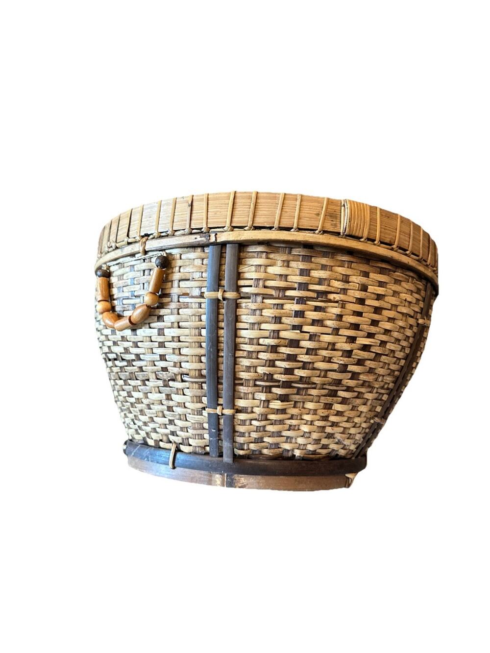 Round Vintage Southeast Asian Handwoven Bamboo Basket 12” X 7” With Handles